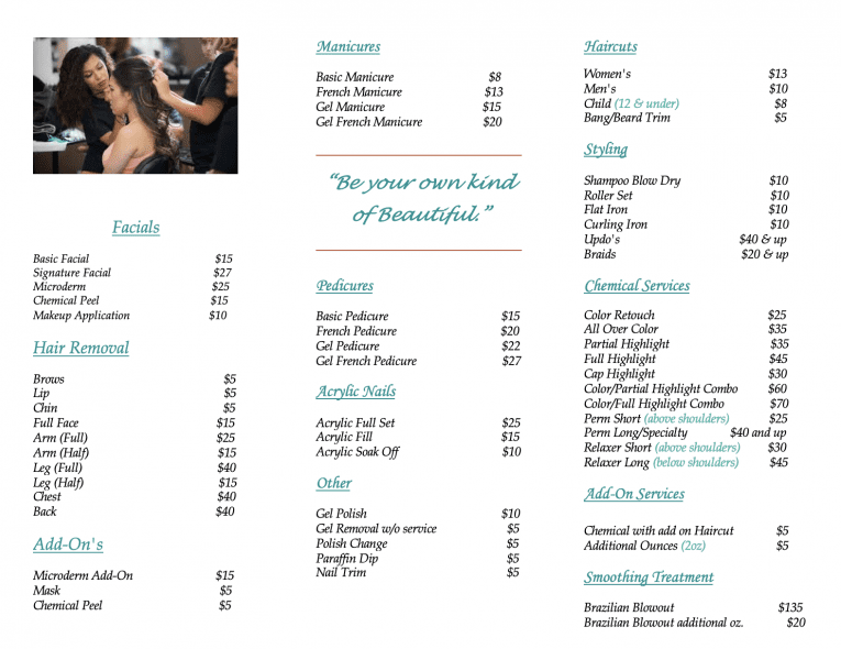 Salon services price list with photo