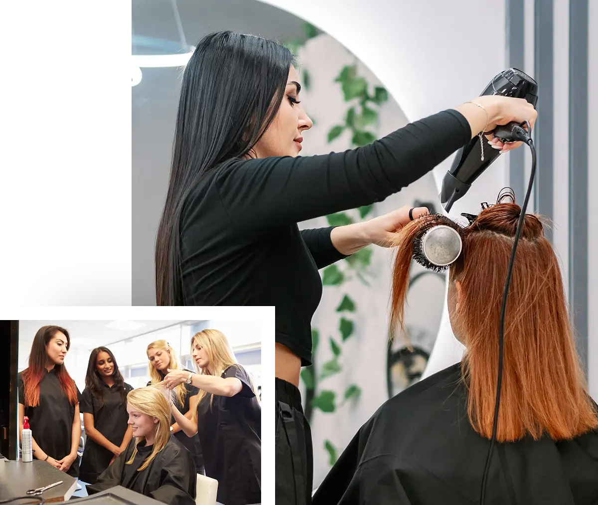 Hair stylist blow-drying client's hair