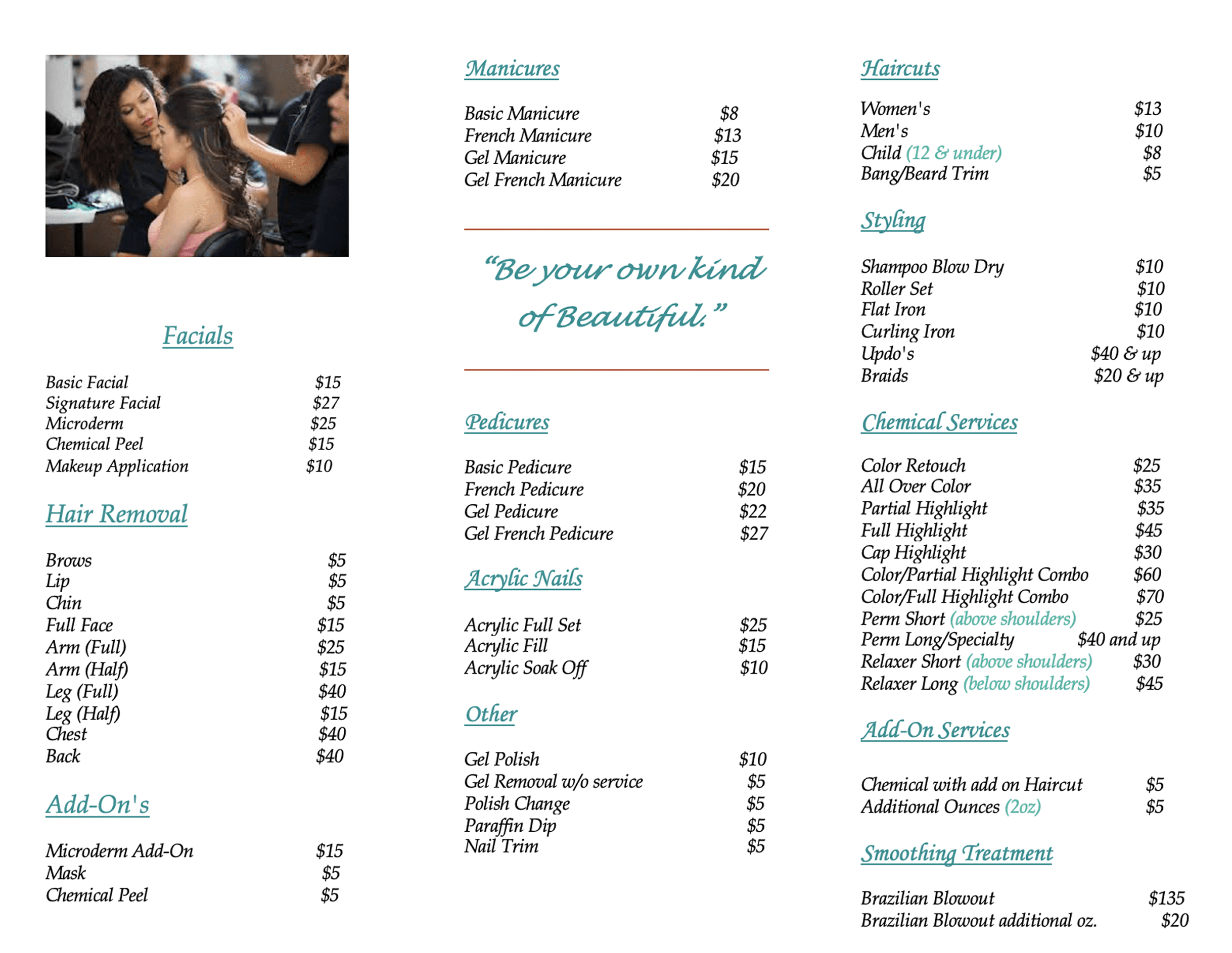 Beauty treatments and pricing guide