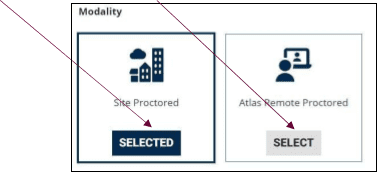 Site proctored selected, Atlas remote proctored unselected.